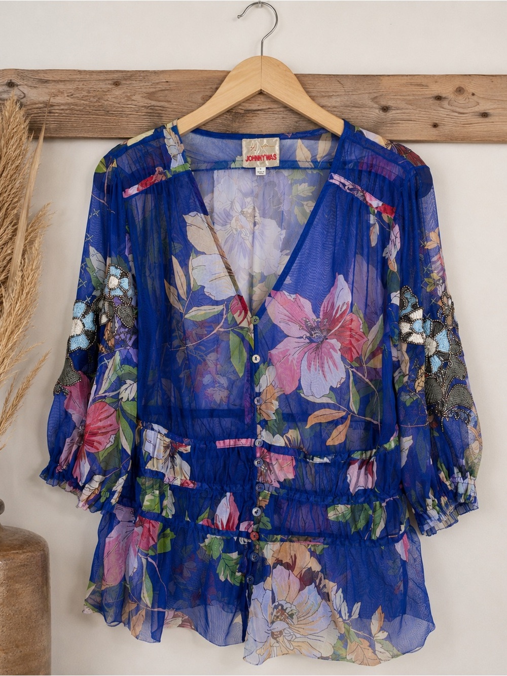 Johnny Was Embroidered Blue Floral Mesh Mazzy Embroidered Blouse Blue Size S - Picture 2 of 11